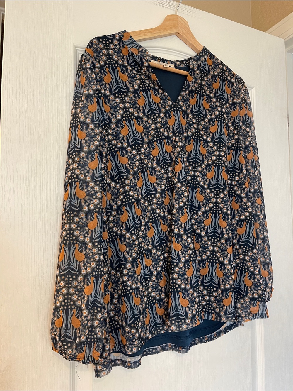 Women's Navy Floral-Pattern V-Neck Blouse with Mustard Accents